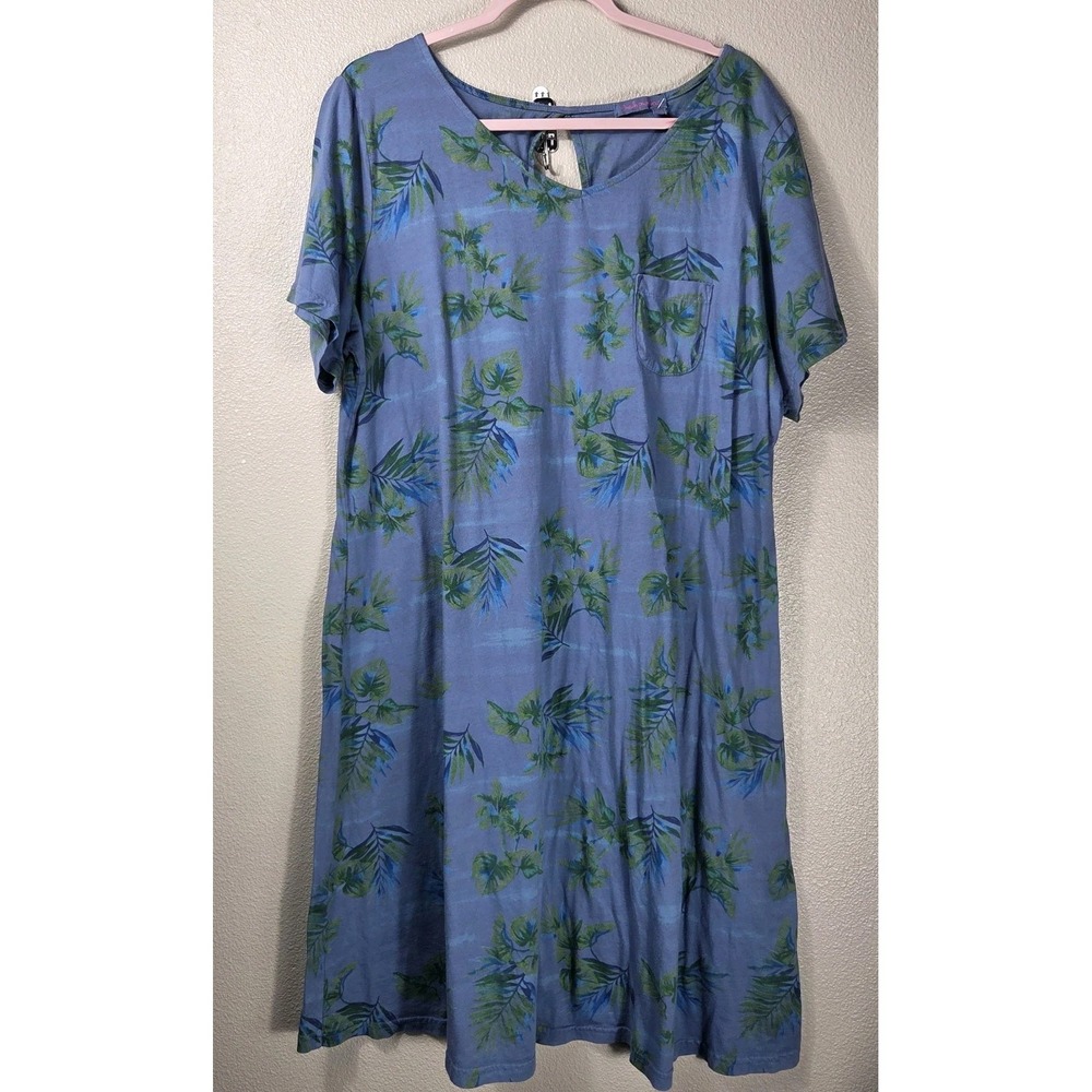 Fresh Produce Blue Tropical Palm Print Cotton Midi Dress Women's 2X Made in USA